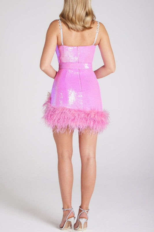 SEQUIN FEATHER BELT MINI DRESSS IN PINK