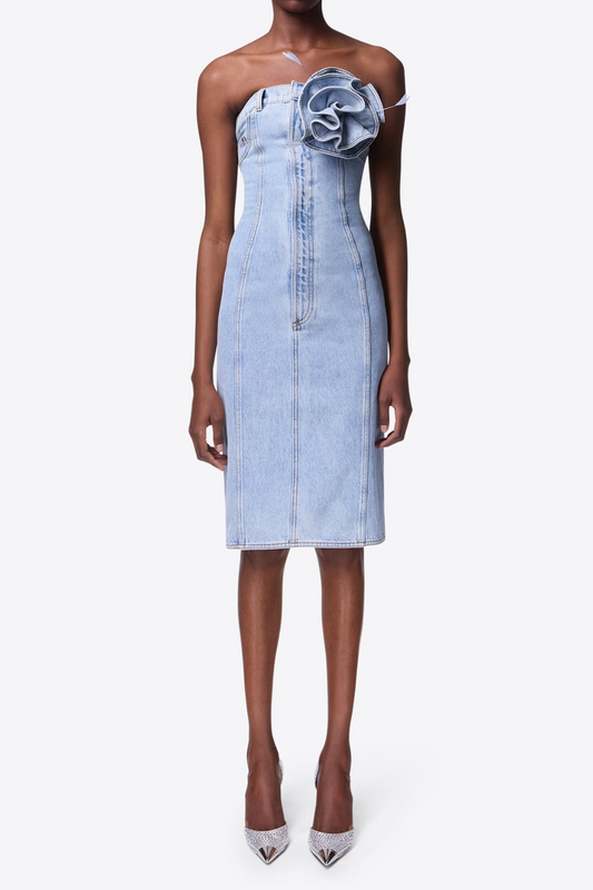 flower corsage strapless midi dress in light wash blue