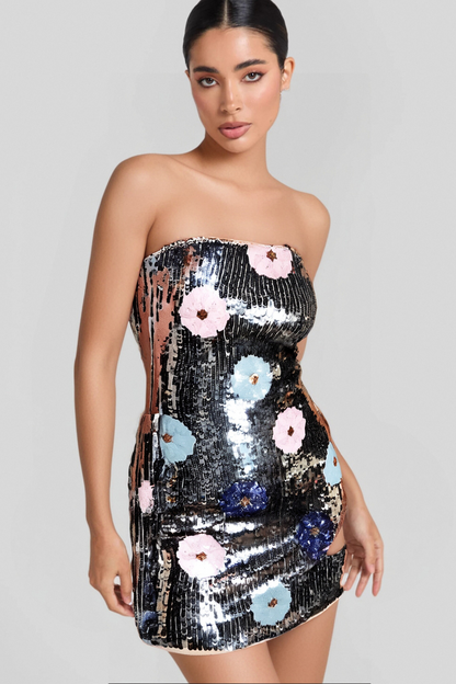STRAPLESS FLORAL SEQUIN DRESS