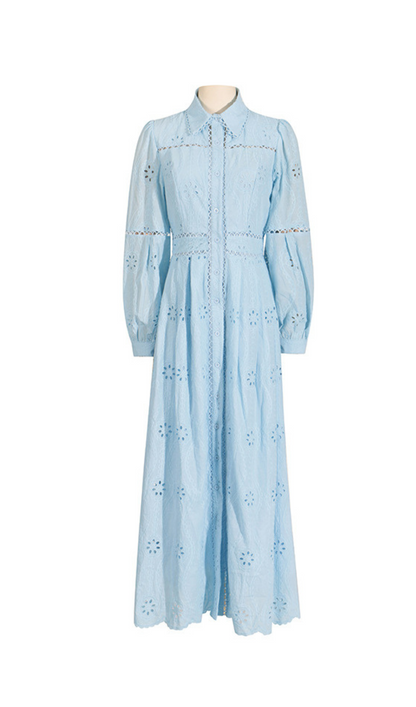 retro single-breasted hollow lace midi dress in blue