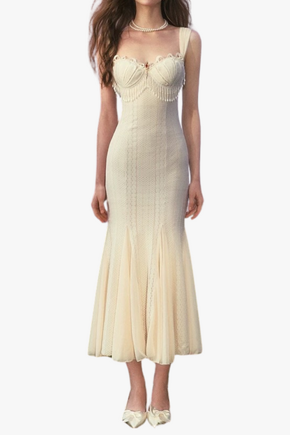atalanta embellished flared midi dress in cream-white
