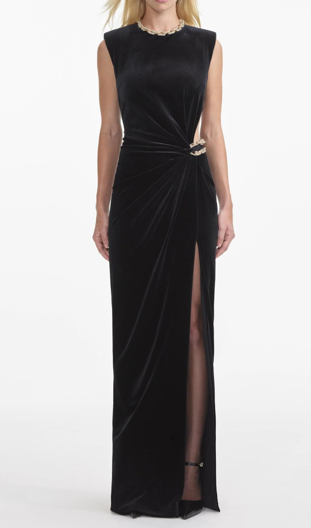 velvet crystal embellished maxi dress in black