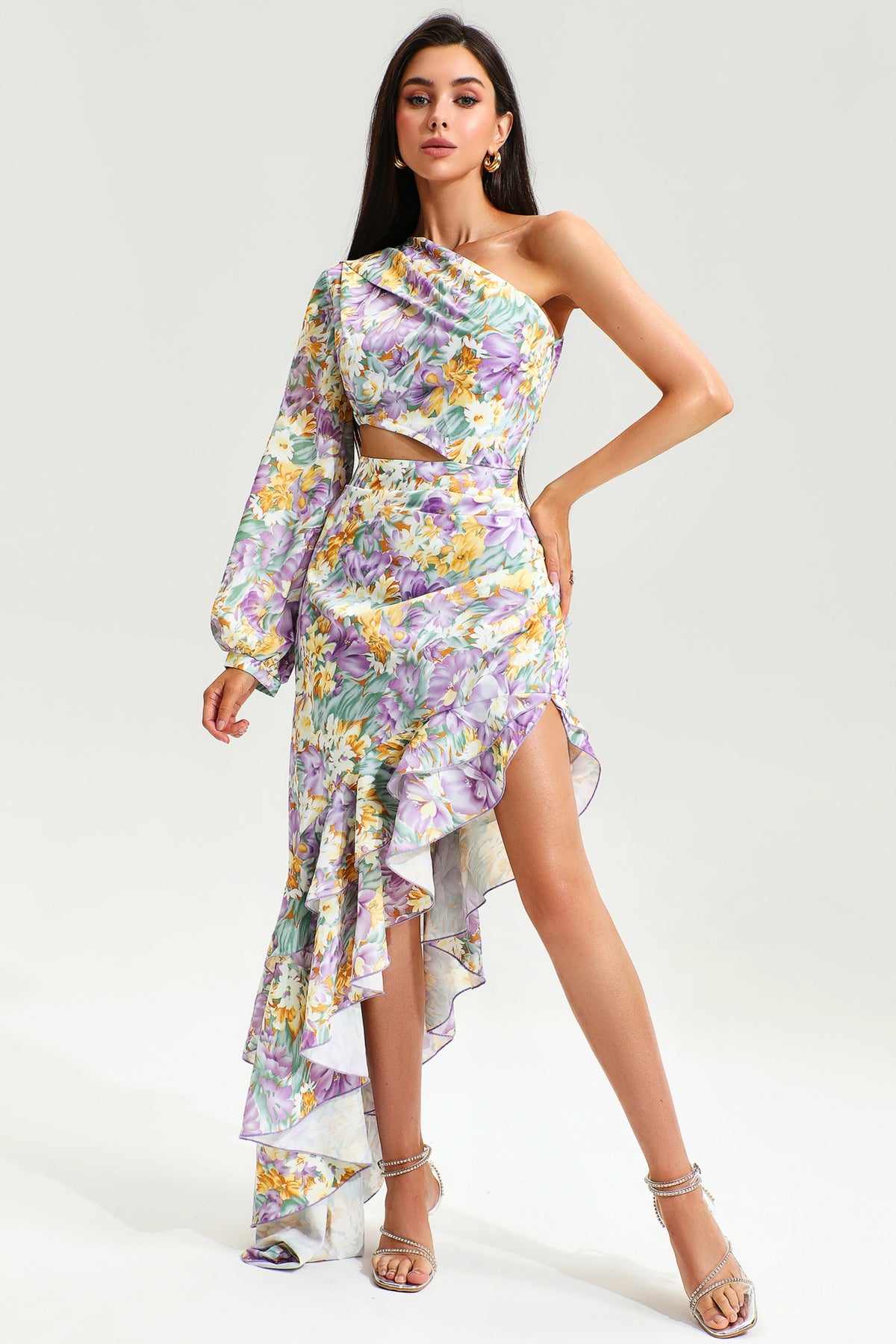ASYMMETRICAL RUFFLED ONE SLEEVE MIDI DRESS