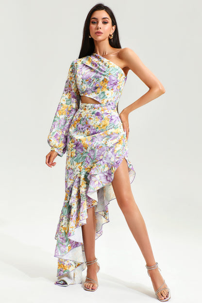 ASYMMETRICAL RUFFLED ONE SLEEVE MIDI DRESS
