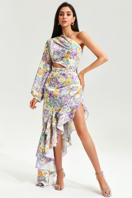 ASYMMETRICAL RUFFLED ONE SLEEVE MIDI DRESS