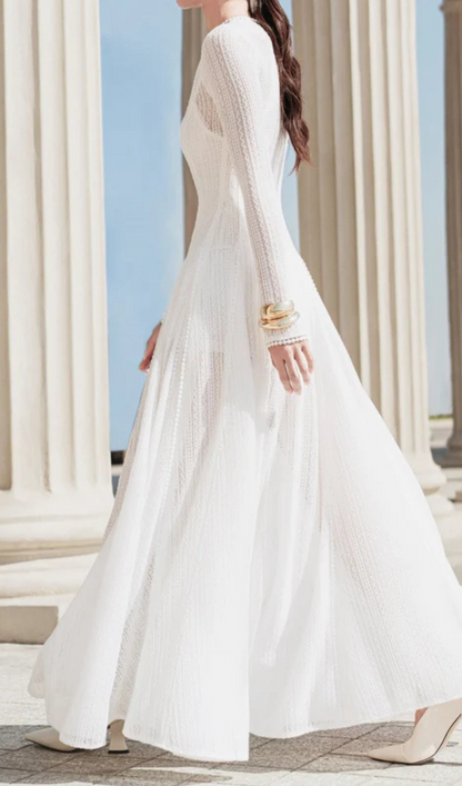 white crochet lace maxi dress with sleeves