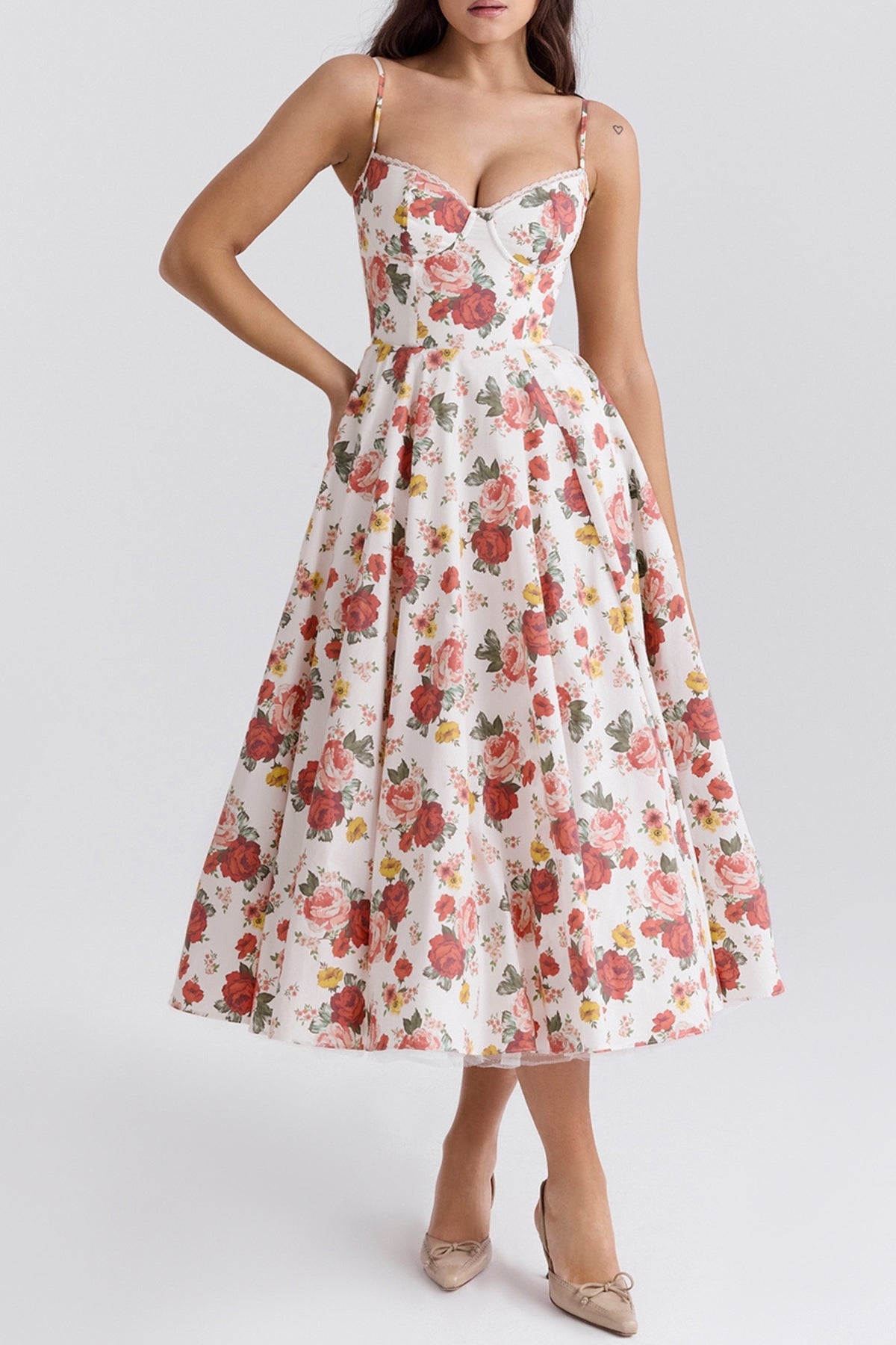 ITALIAN ROSE PRINT TULLE MIDI DRESS