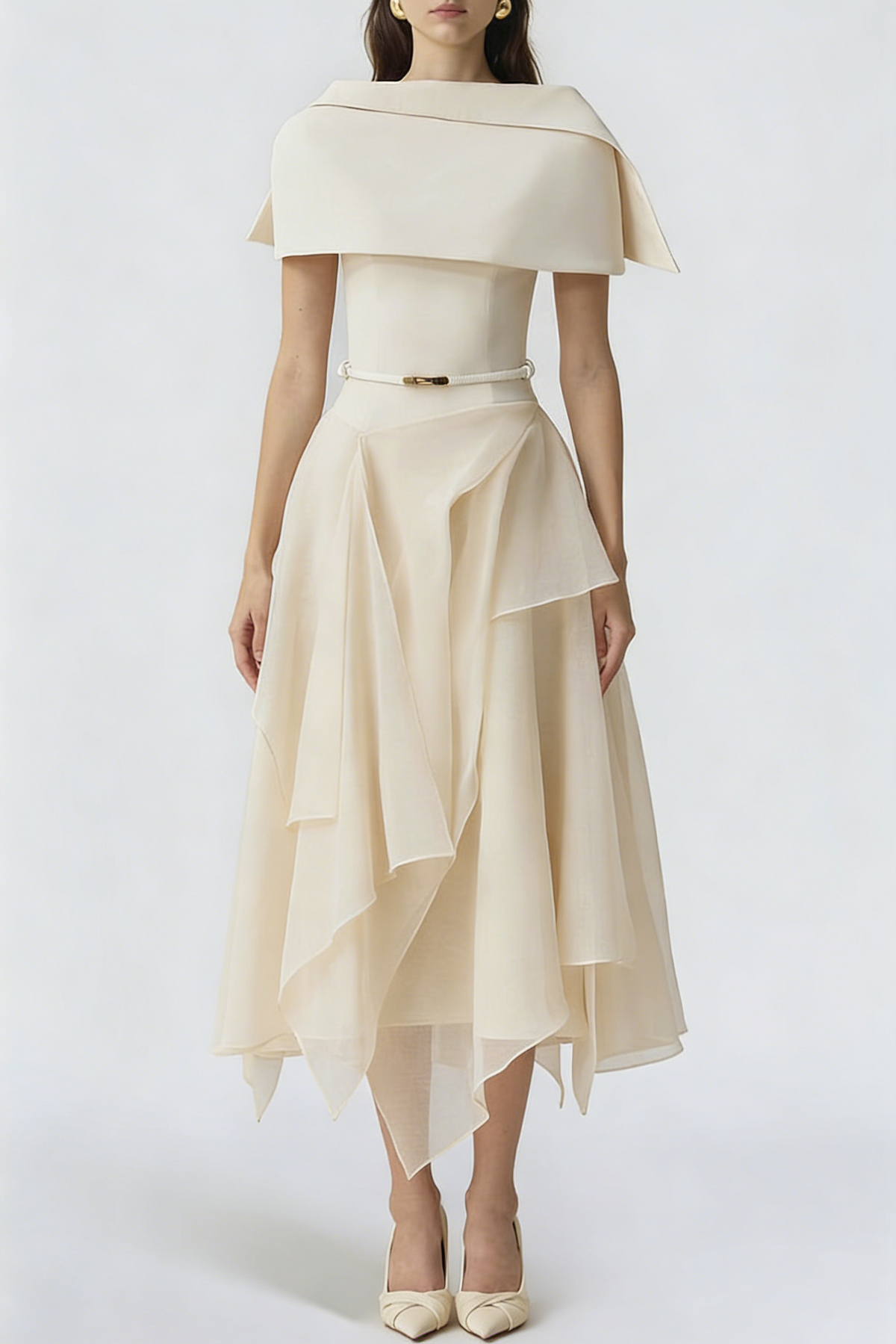 kelly beige Cape Sleeve Ruffle Midi Dress with belt