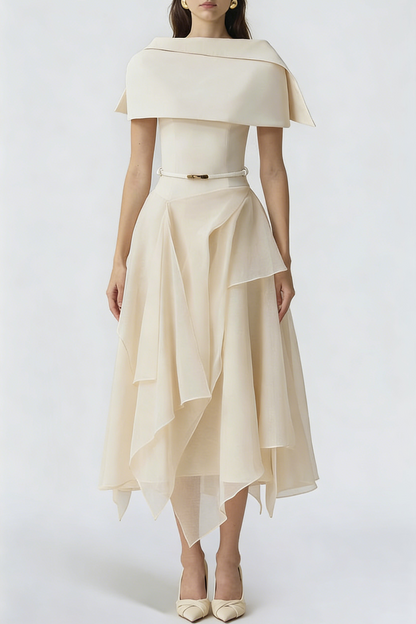 kelly beige Cape Sleeve Ruffle Midi Dress with belt