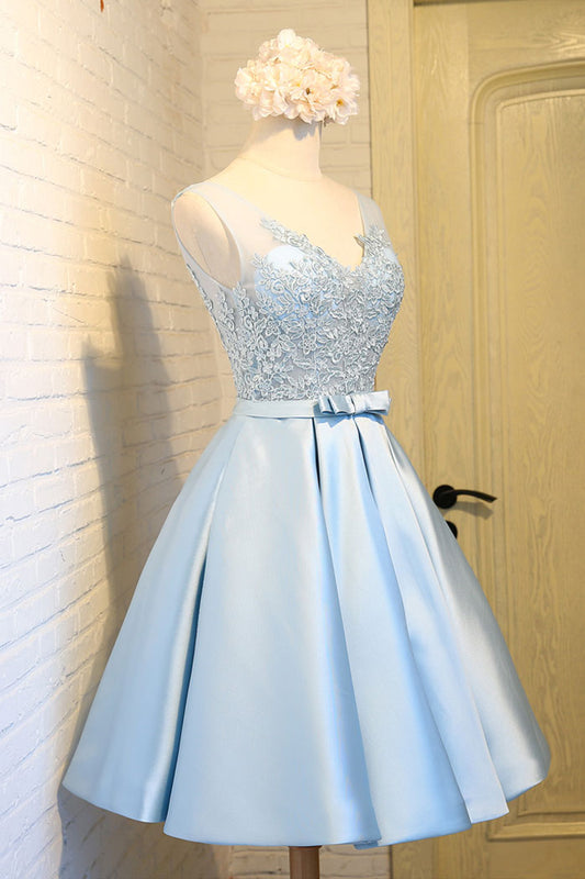 Light blue v neck lace applique mini prom dress