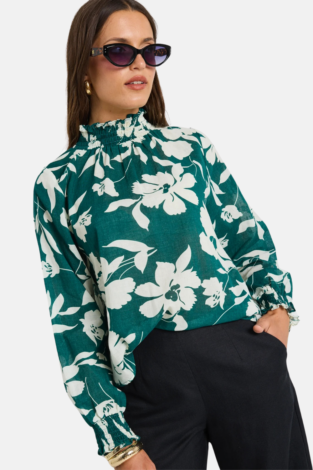 Affection Forest Floral Shirred High Neck LS Top