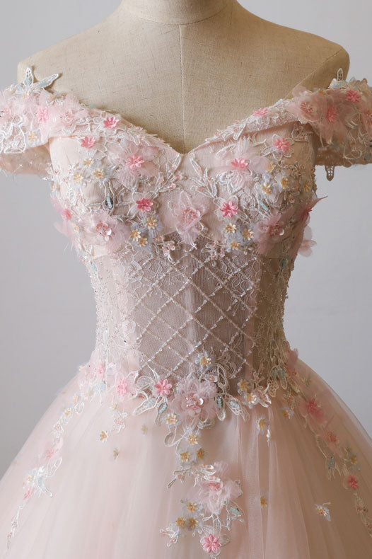 Pink off shoulder tulle lace dress