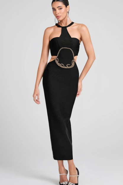 GOLD CHAIN WAIST CUTOUT BANDAGE DRESS