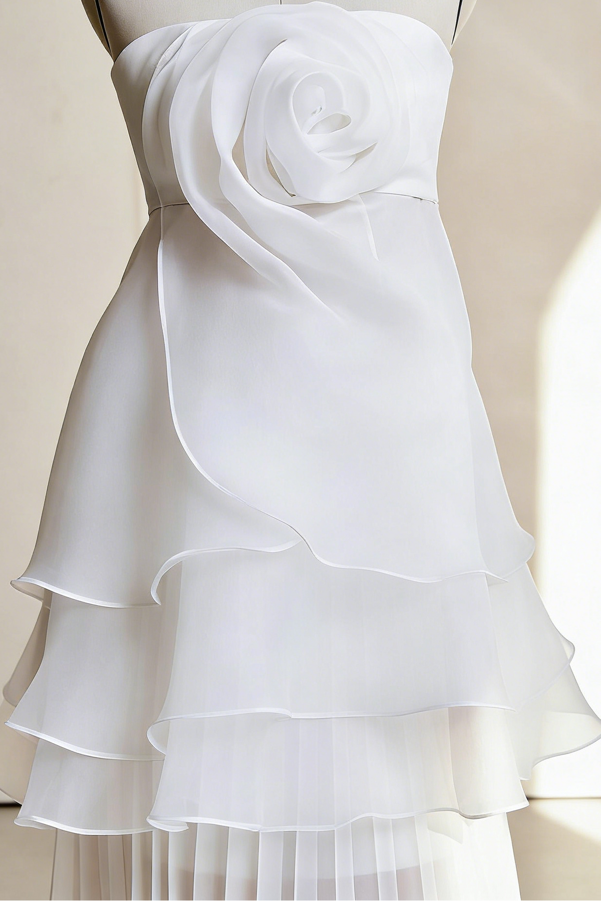 White Strapless Rose Applique Tiered Pleated Maxi Dress