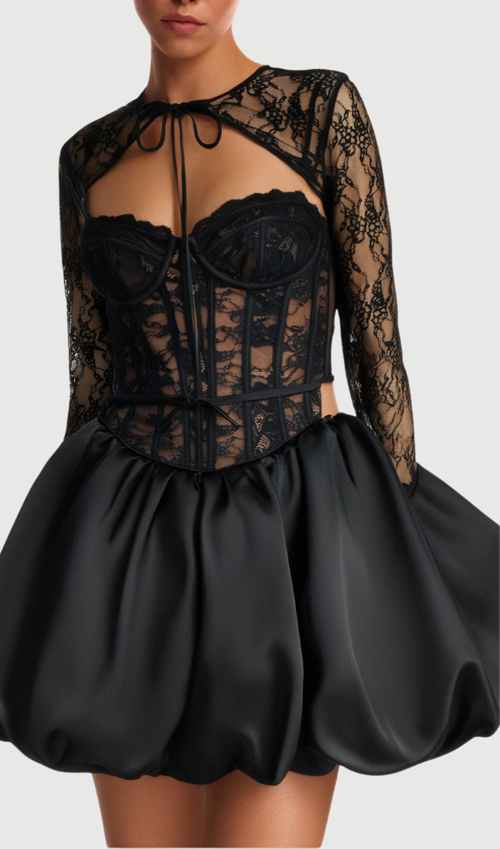 sally lace puffball mini dress in black