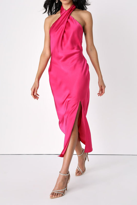 Hot Pink Satin Halter Midi Dress