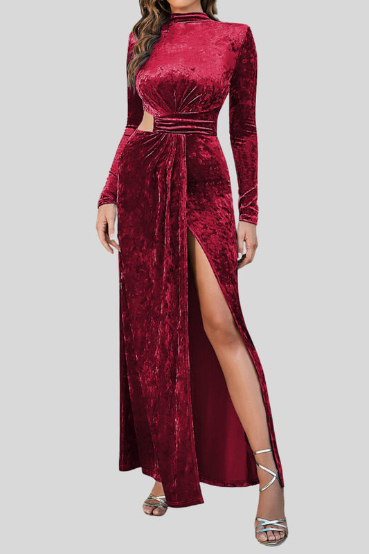 Velvet High Neck Hollow Waist maxi Dress in burgundy