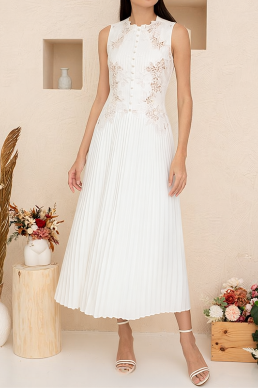 nancy lace embroidery pleated midi dress in white