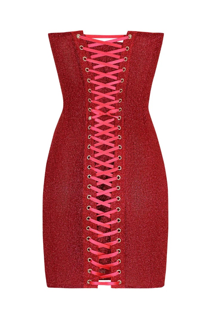 Corset Strapless Mini Dress with Lace-up Back in Red