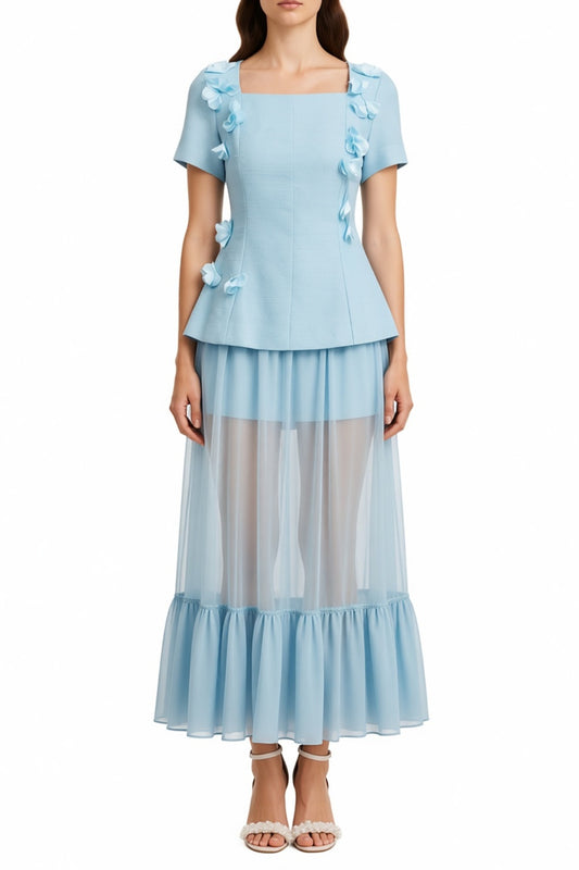 ursula blue Short Sleeves Flowers Folds Top And Skirt Two-Piece Set