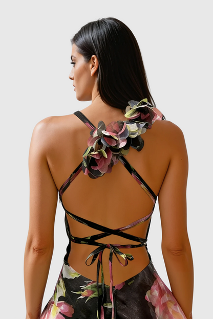 Pera Floral Appliqué Ruffle Mini Dress - Black