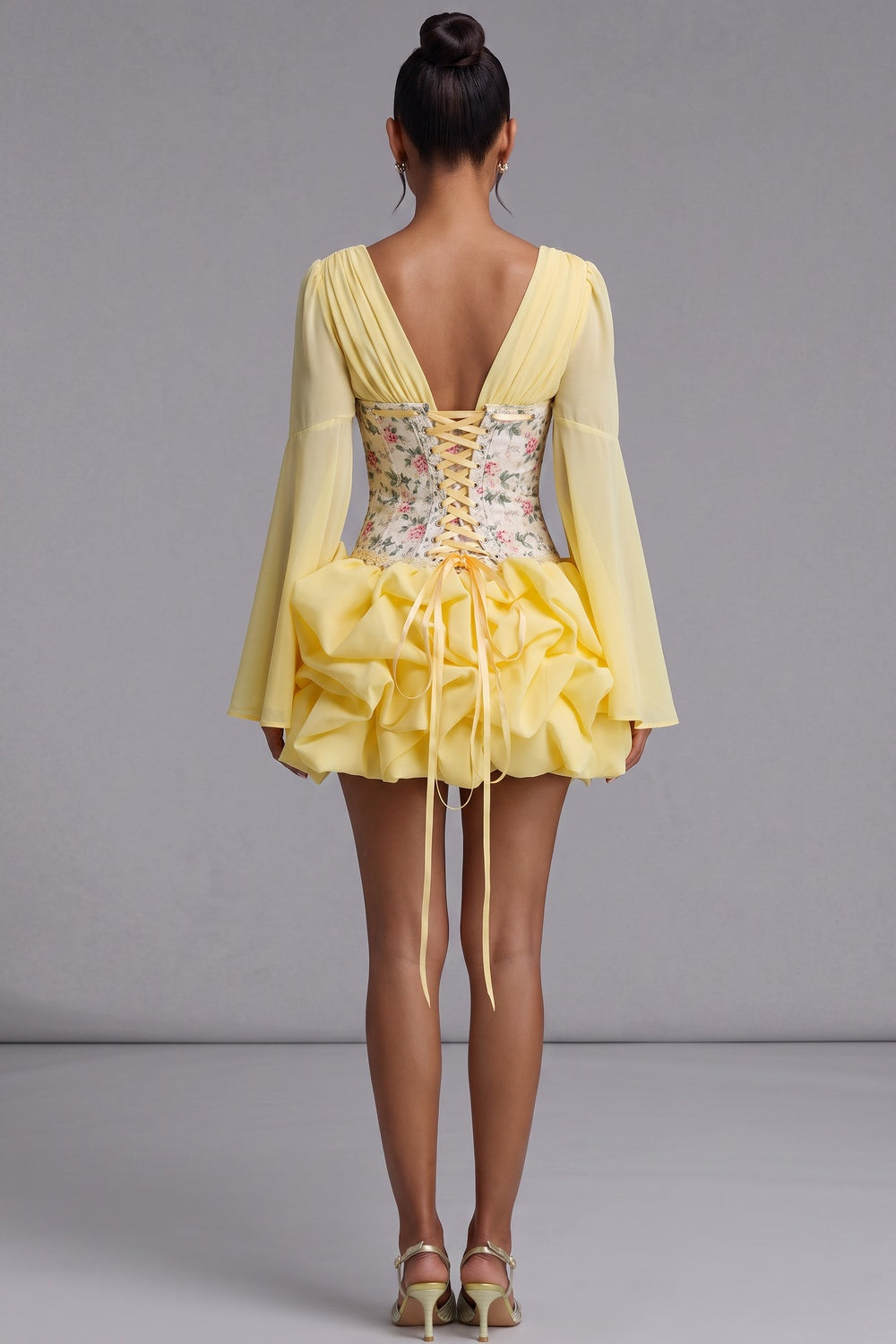 Pastel Yellow Chiffon Fit-and-Flare Mini Dress with Corset Bodice pastel yellow chiffon mini dress - product view 5