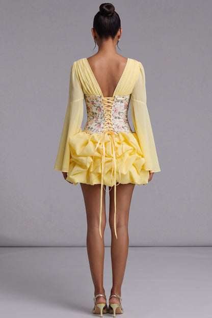 Pastel Yellow Chiffon Fit-and-Flare Mini Dress with Corset Bodice pastel yellow chiffon mini dress - product view 5