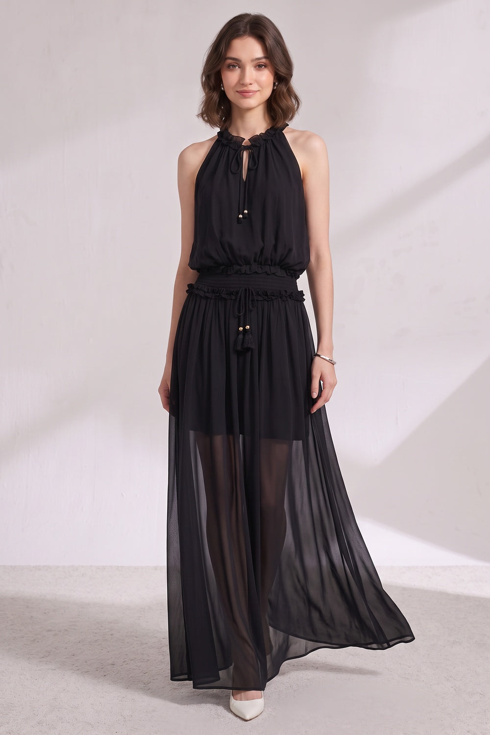 Black Chiffon A-Line Blouson Maxi Dress black chiffon maxi dress - product view 4