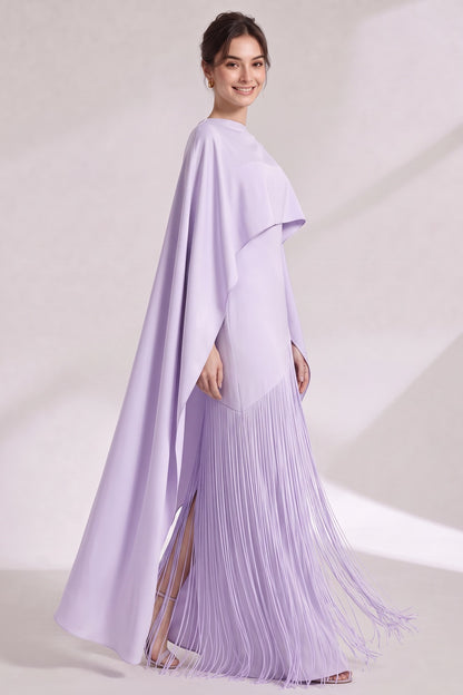 Lavender Structured Crepe Column Evening Gown with Asymmetrical Cape Overlay Lavender Structured crepe Evening gown - product view 3