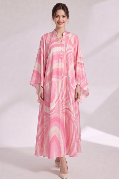 Pink Silk Satin Psychedelic Swirl Kaftan Dress pink, light pink silk satin kaftan dress - product view 4