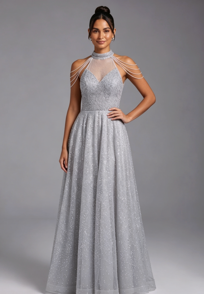 Silver Tulle A-Line Evening Gown