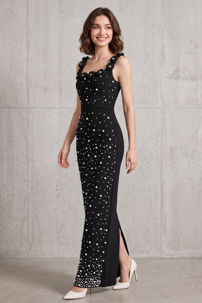 Black Heavyweight Stretch Knit Column Maxi Dress with Pearl Embellishments black heavyweight stretch knit maxi dress - product view 1