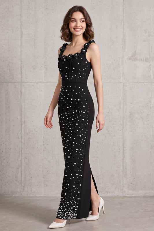 Black Heavyweight Stretch Knit Column Maxi Dress with Pearl Embellishments black heavyweight stretch knit maxi dress - product view 1