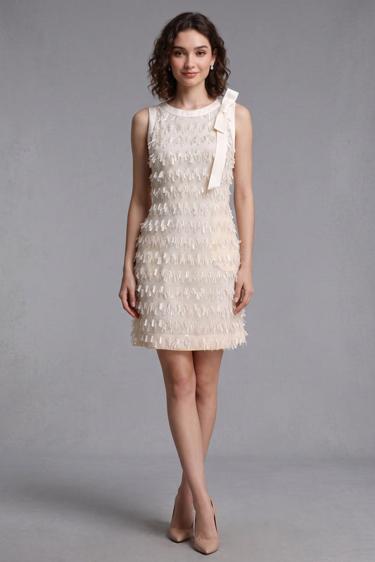 cream textured woven fabric with ribbon fringe shift dress cream textured woven fabric with ribbon fringe dress - product view 1