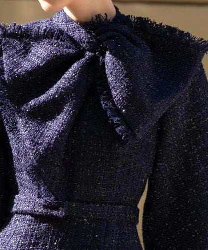 mildred Tweed bow collar midi dress in dark blue