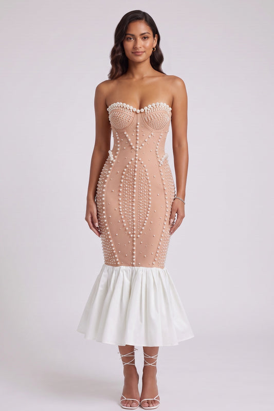 Nude Pearl-Embellished Mermaid Midi Dress nude, beige mesh overlay on nude lining dress - product view 2