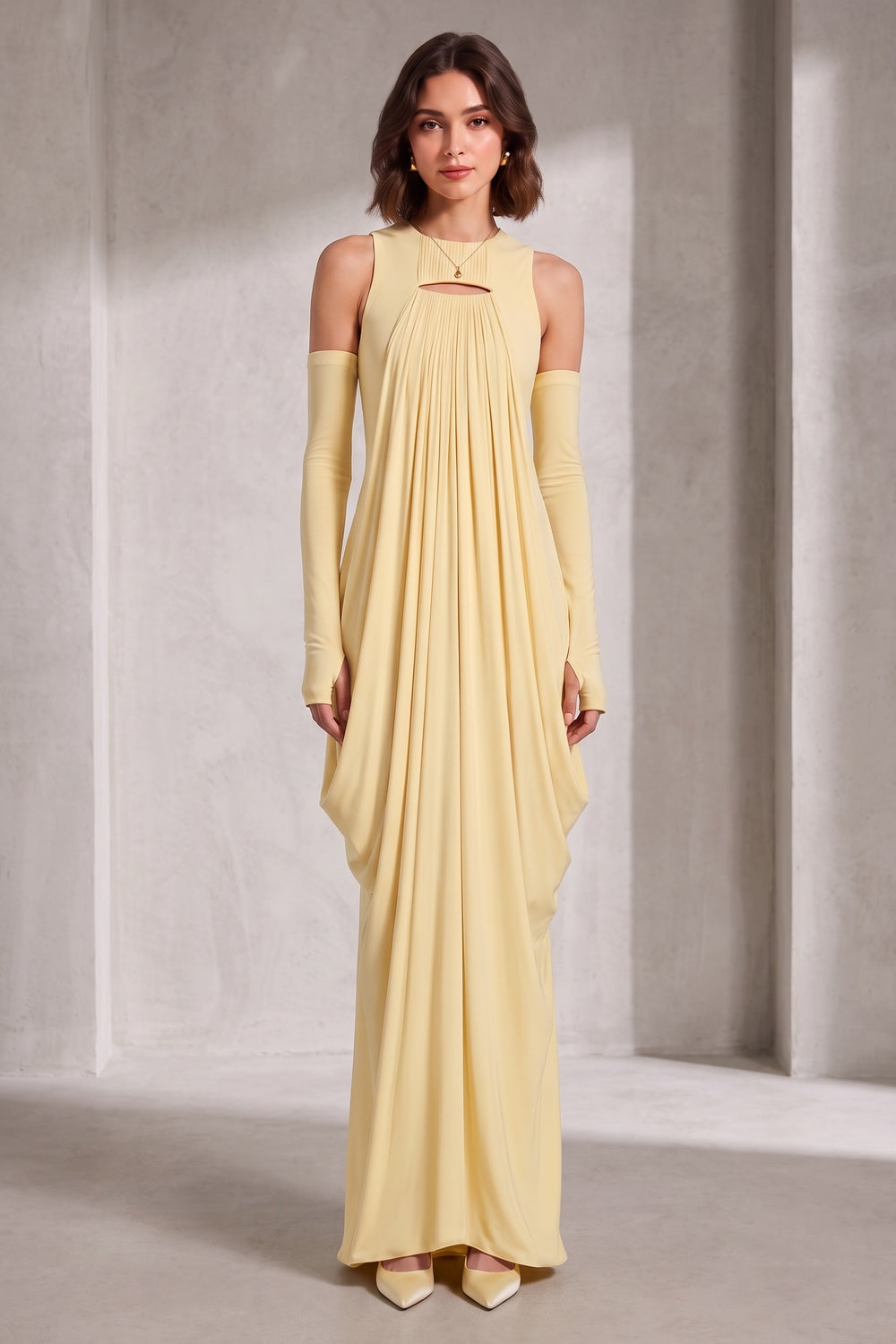 Pale Yellow Keyhole Neckline Maxi Dress Premium Fabric - product view 1