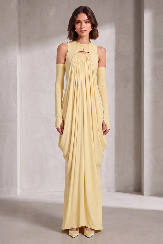 Pale Yellow Keyhole Neckline Maxi Dress Premium Fabric - product view 1