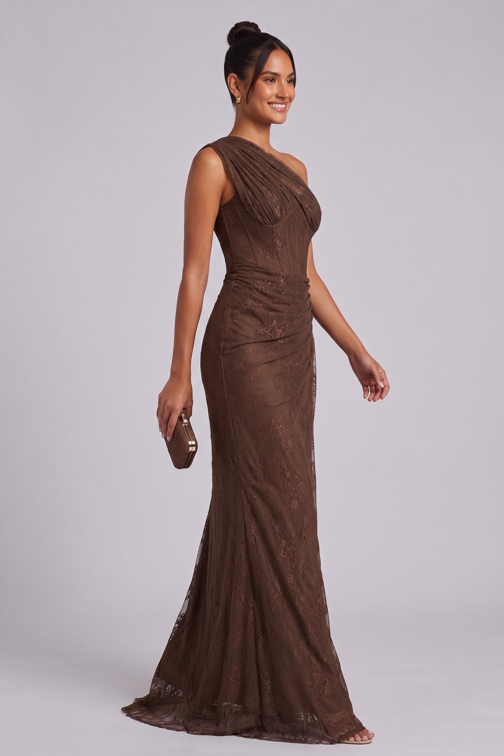 chocolate brown floral lace column gown chocolate brown floral lace gown - product view 3