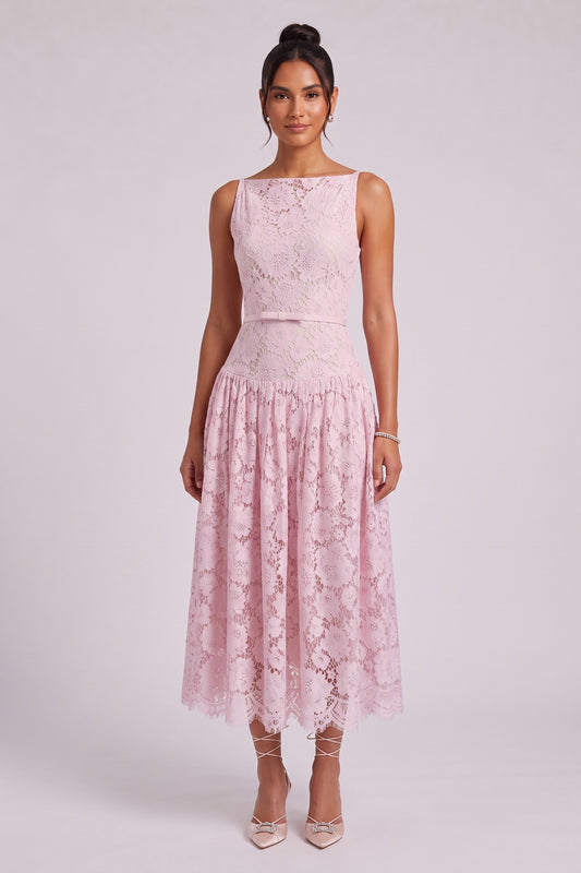 Light Pink Floral Lace A-Line Midi Dress light pink floral lace midi dress - product view 3