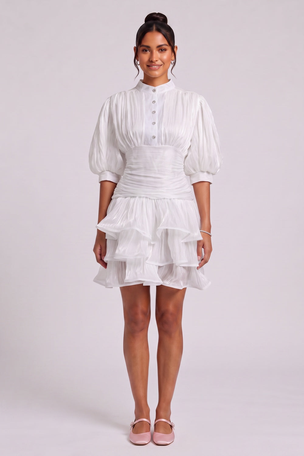 White Tiered Ruffle Mini Dress Premium Fabric - product view 1