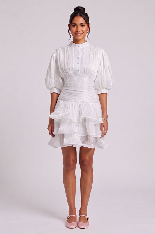 White Tiered Ruffle Mini Dress Premium Fabric - product view 1