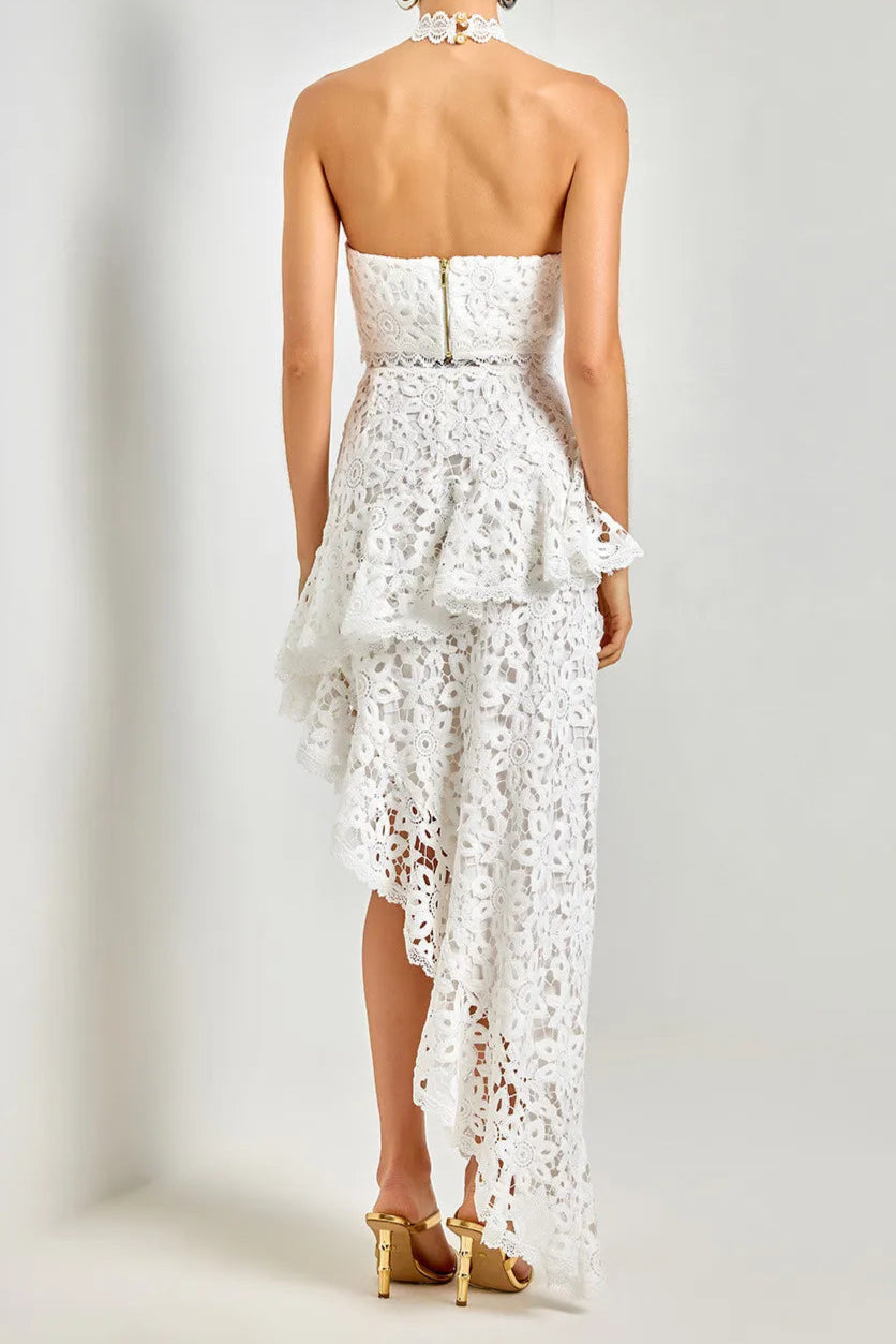 Lace sleeveless top irregular skirt set in white
