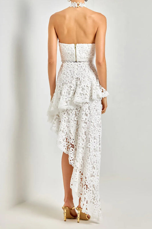 Lace sleeveless top irregular skirt set in white