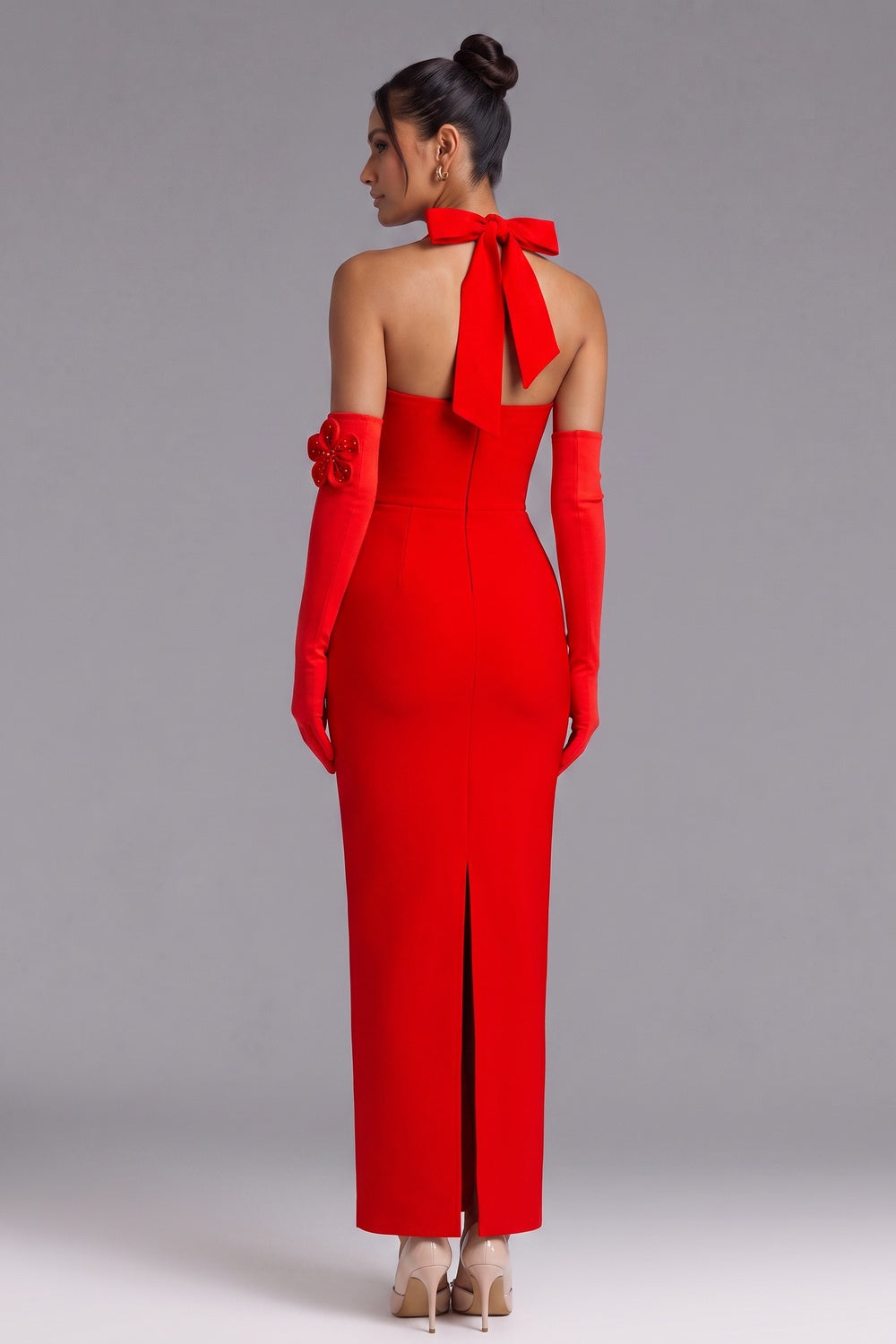 Red Halter Neck Floor-Length Gown with 3D Floral Embellishments Premium Fabric - product view 3