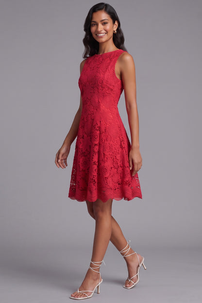 Red Guipure Lace Fit-and-Flare Dress red guipure lace dress - product view 3