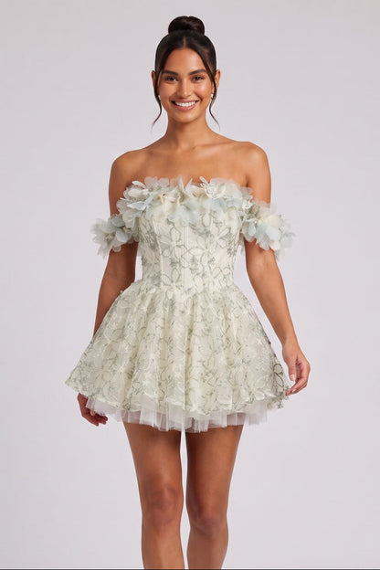 Pale Sage Green Organza Fit-and-Flare Mini Dress with Floral Embroidery pale sage green, cream organza dress - product view 1