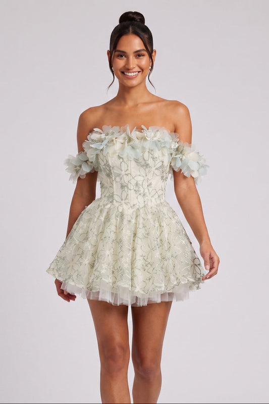 Pale Sage Green Organza Fit-and-Flare Mini Dress with Floral Embroidery pale sage green, cream organza dress - product view 1