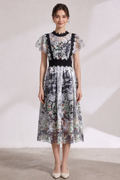 White Embroidered Guipure Lace Fit-and-Flare Midi Dress white, black, grey embroidered guipure lace dress - product view 1