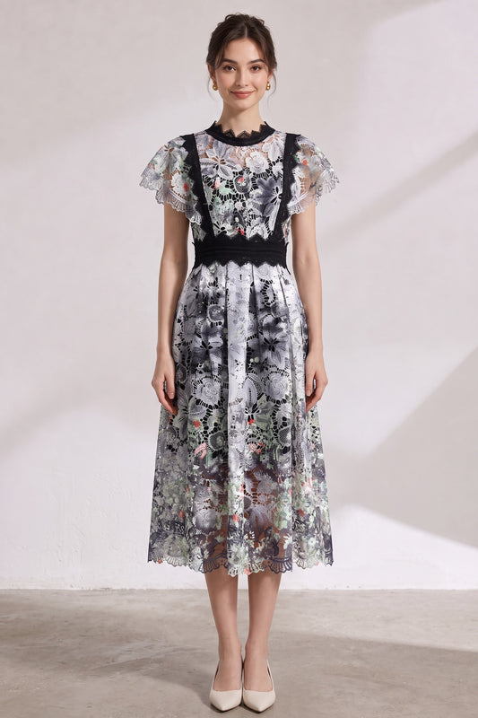 White Embroidered Guipure Lace Fit-and-Flare Midi Dress white, black, grey embroidered guipure lace dress - product view 1